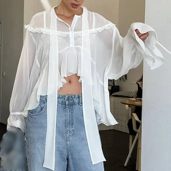 Enyami Organza Stand Collar Drop Shoulder Sleeve Navel Lace up Casual Long Sleeve Chiffon Shirt Streetwear Casual Crop Tops