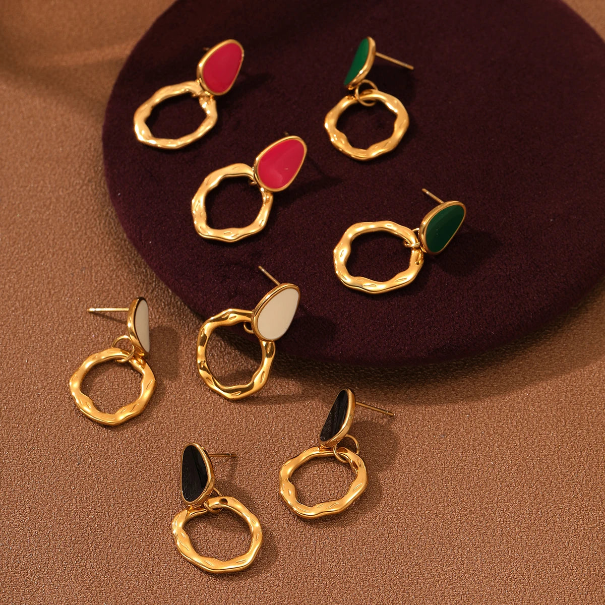 Colorful Cute Oil Drop Circle Drop Earrings Gifts Girl Gold Plated Waterproof Non Fading Stainless Steel Jewelry