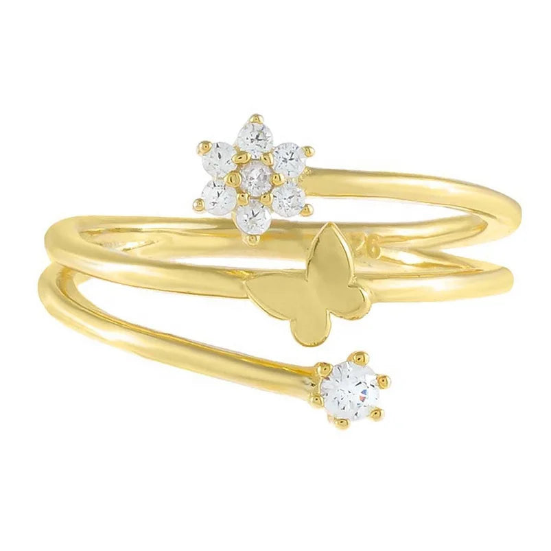 Gemnel Fashion Jewellery 925 Silver 18k Gold Plated Cz Flower X butterfly Wrap Ring