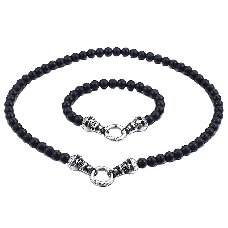 Trend Jewelry Stainless Steel Europe and America Punk Skull Bracelet Retro Delicate Black Glass Beaded Bracelet