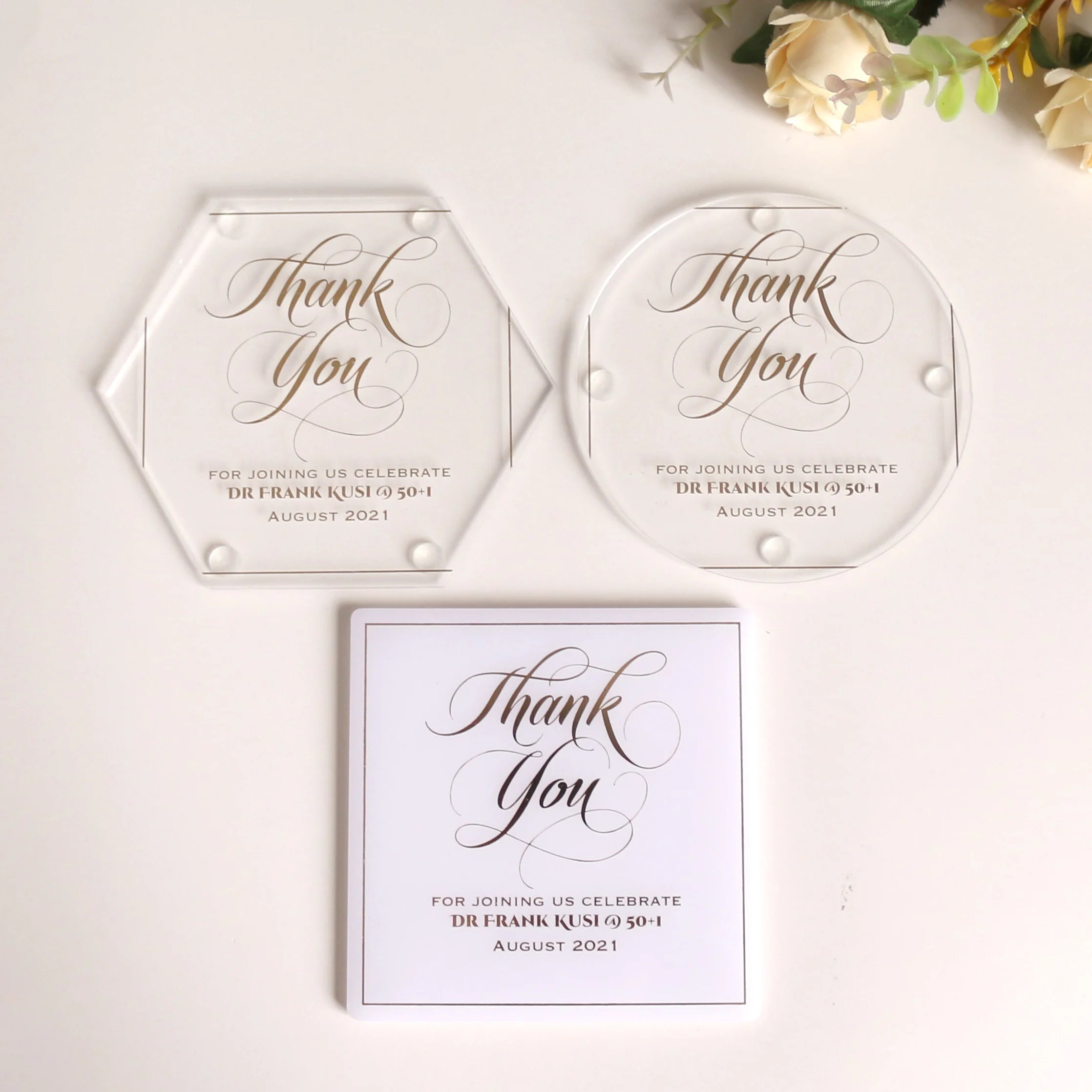 Gold Foiled Acrylic Octagon Coaster Place Cards and Custom Gold Foil Acrylic Coasters