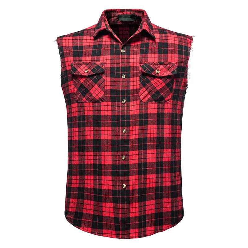 RNSHANGER Men Casual Plaid Shirt Summer Sleeveless Double Pocket Cowboy Button Down Shirts Men Cotton Plus Size Shirts