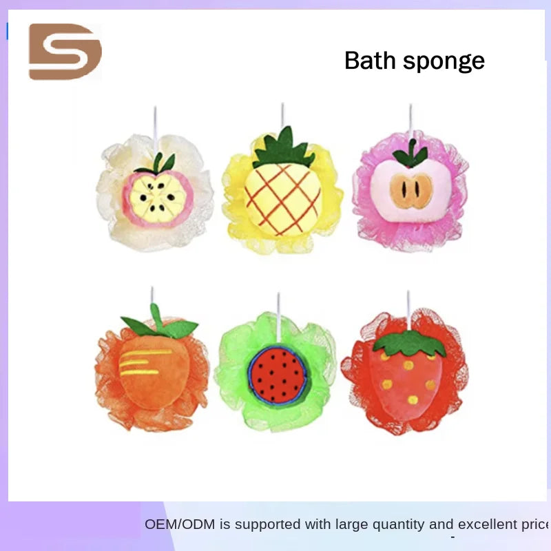 Cute Fruit Kids Bath Body Shower Sponge Loofahs Mesh Pouf Shower Ball Rainbow Cartoon Body Sponge Scrubber Balls Shower Mesh