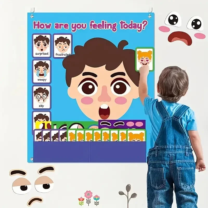 Colorful Interactive Emotion Learning Wall Board Felt Toy Chart for Toddlers' Room or School Office Supply