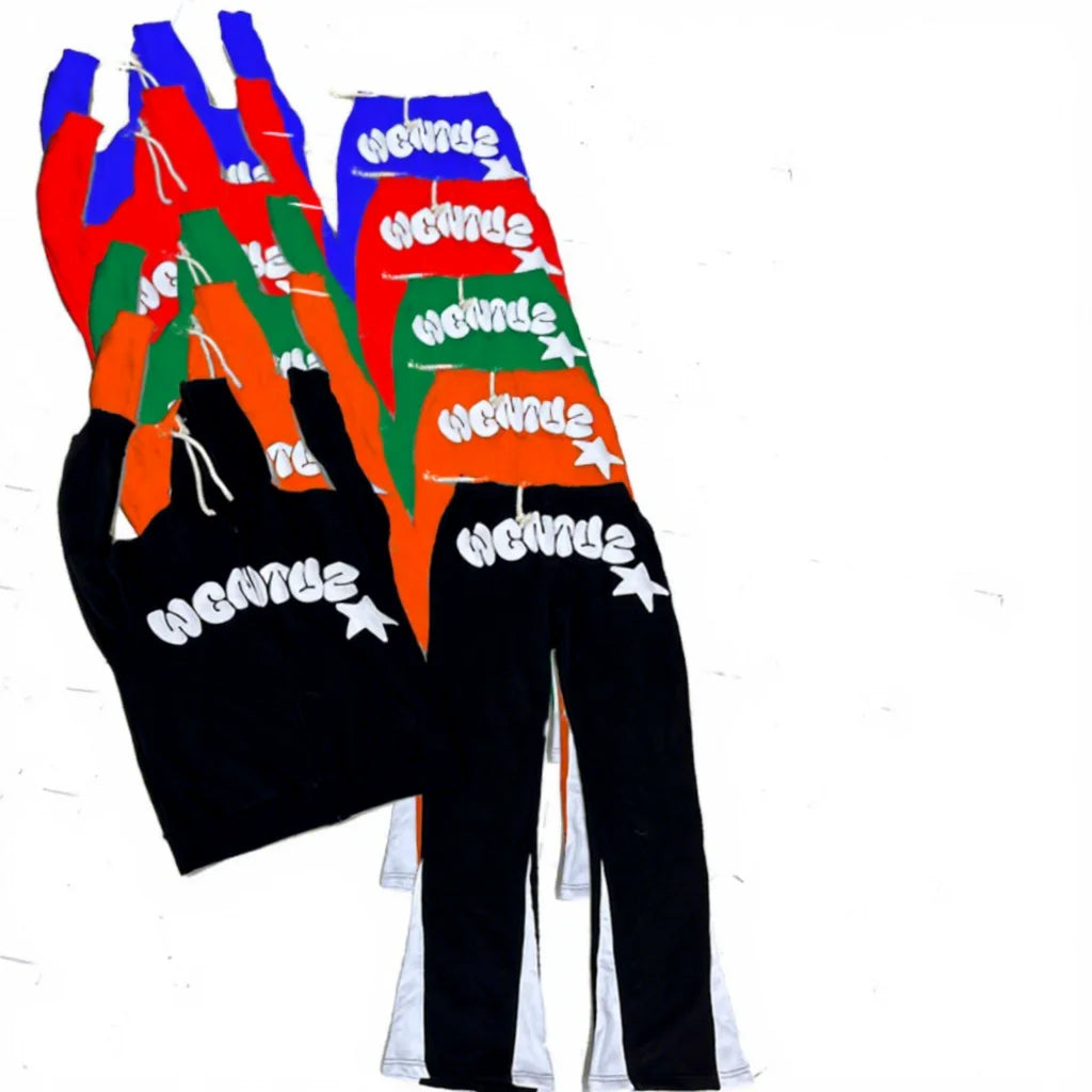 100% Terry Cotton 450 GSM Custom Hoodie Flare Set Print Oversized Tracksuit With Screen Puff Embroidered Designs for Men