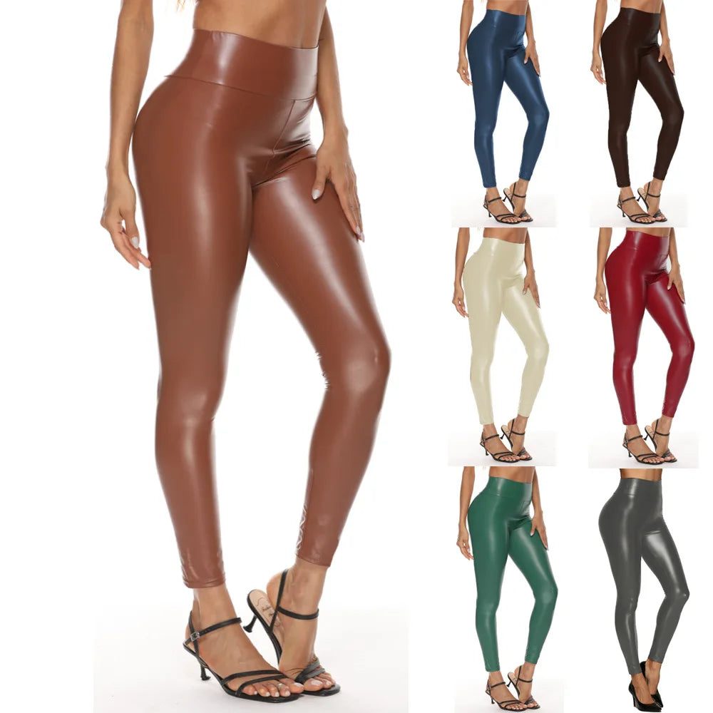 Ladies New High Waist Fashion Casual Solid Color Pu Leather Tights Skinny Pants