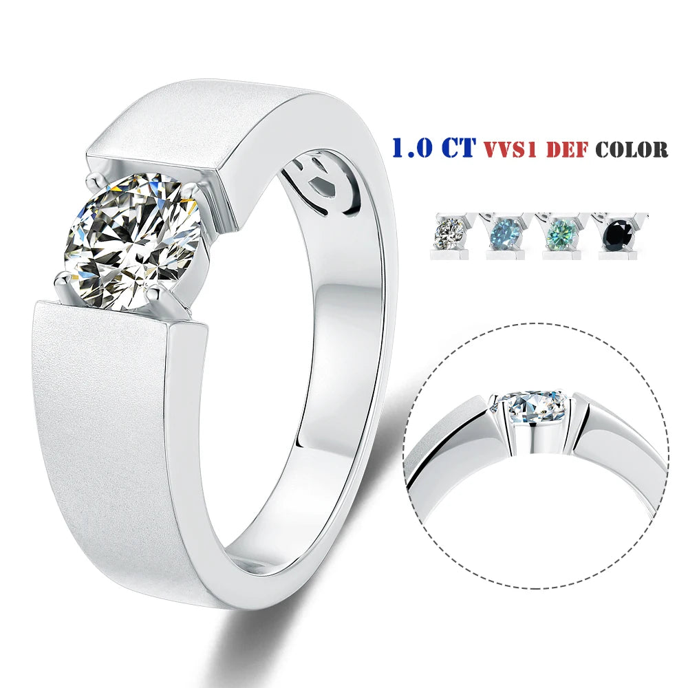 Fashion Simple Fashion White Gold Plated 6.5mm Round Diamond Moissanite Classical 925 Sterling Silver Ring for Man