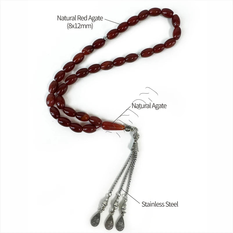 Natural Red Agate Gold 8*12mm Oval Beads Allah Muhammad Islamic Prayer Rosary Beaded Bracelet Muslim Islam Misbaha Necklace