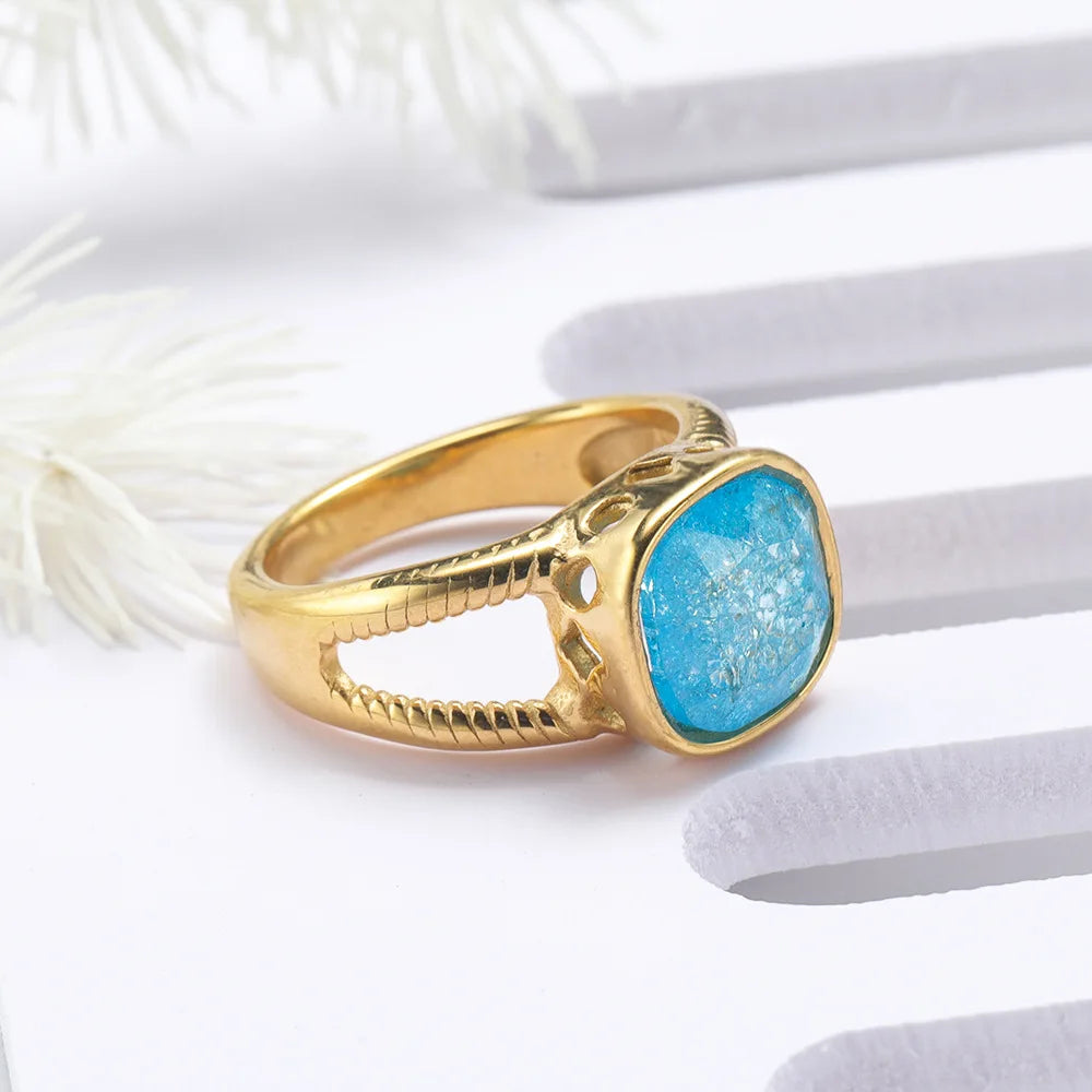 Summer Season Jewelry Water Proof 304L Stainless Steel Gold Plating Ice Crystal Wedding Ring for Ladies Gift