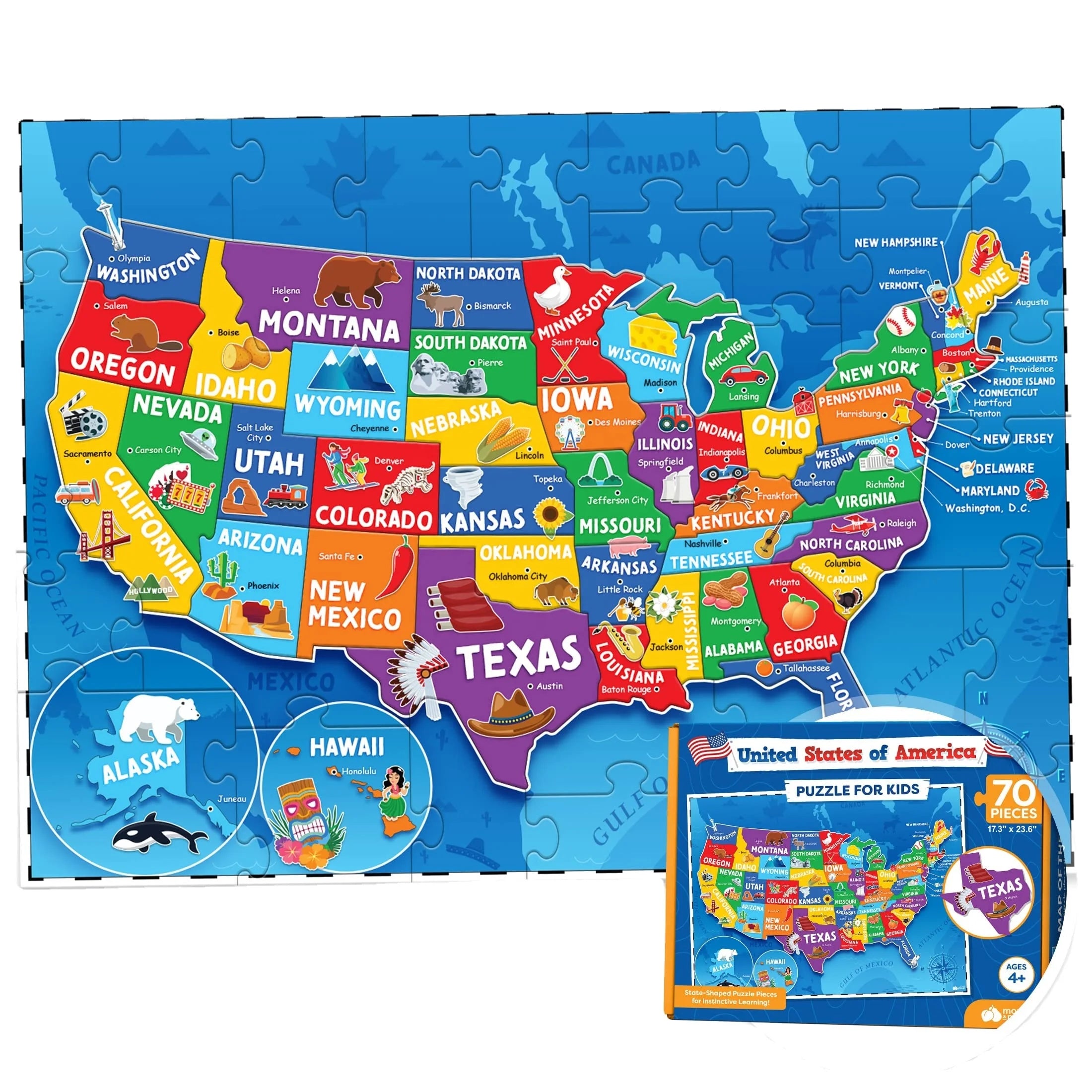 United States Puzzle for Kids - 70 Piece - USA Map Puzzle 50 States with Capitals - Children Jigsaw Geography Puzzles