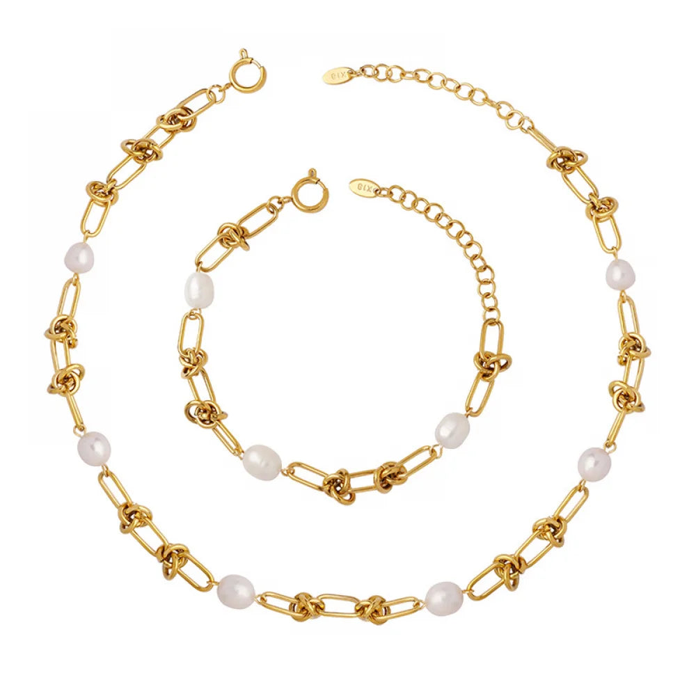 Fashion Gold Plated Stainless Steel Jewelry Set New Design Freshwater Pearl Knotted Link Chain Necklace Bracelet