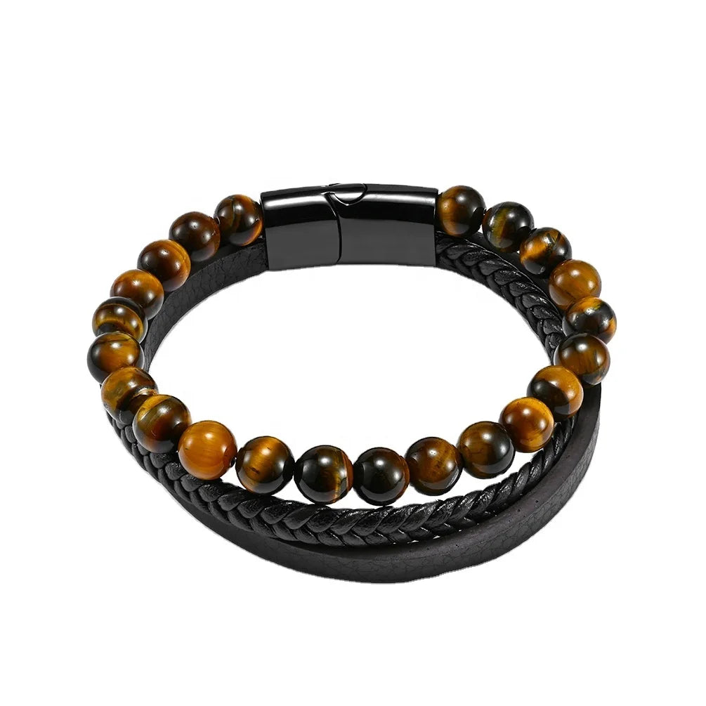 Alin Men Jewelry Tiger's Eye Bead and Genuine Leather Braided Bracelet Wristband Bracelet Jewelry