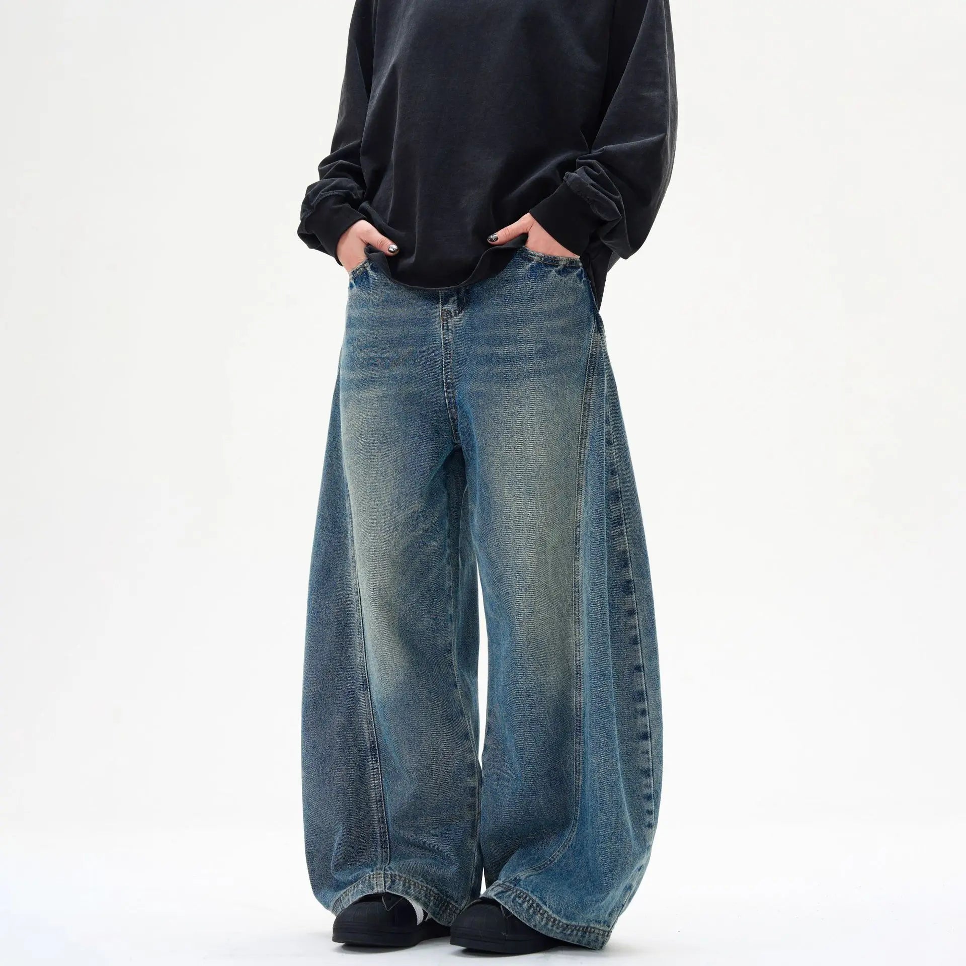 Men's Vintage Washed Denim Straight Loose Curved Knife Wide Leg Pants Streetwear Trendy Casual Hip Hop Banana Blade Trousers