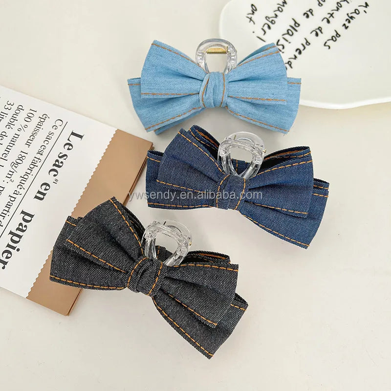 New Product Women Large Bow Plastic Denim Hair Claw Clip Vintage Girls Hair Clamps Accessories