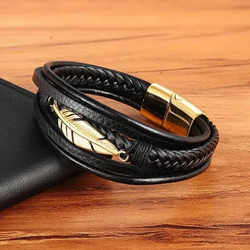 Hot Fashion Leather Bracelet for Men Bracelets Women Feather Jewelry Custom Logo Stainless Steel Jewelry Gold Plated