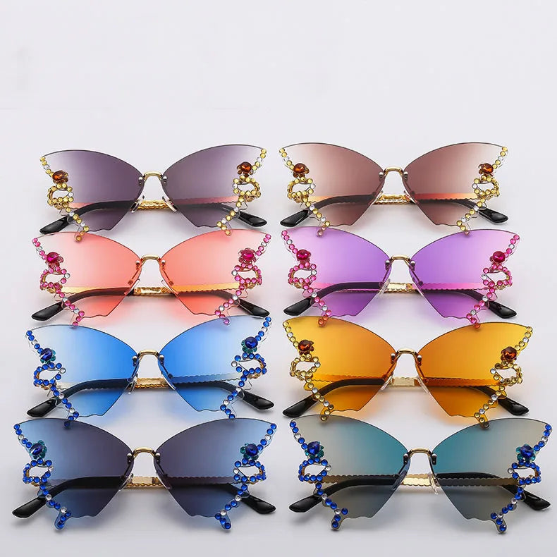 Luxury Butterfly Luxury Branded Vendors for Sunglasses 2023 Women Metal Temple Diamond Uv400 Rimless Rhinestone Sunglasses Women