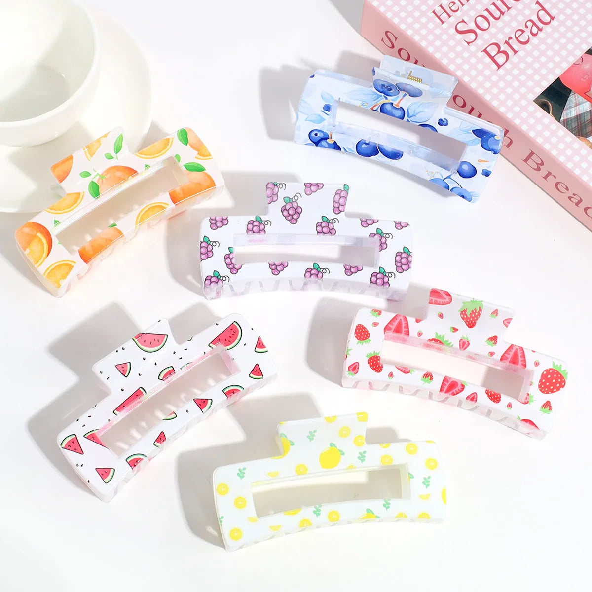Fashionable Plastic Fruit Printed Hair Claws Sweet Strawberry Watermelon Design Square Versatile Gripper Shark Clip for Women
