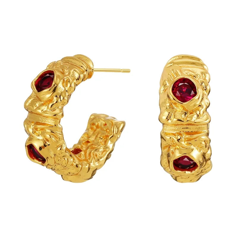 Jewelry 18K Gold C Shape Ladies Earrings with Red Gem Stud Earrings for Women Fashion Jewelry