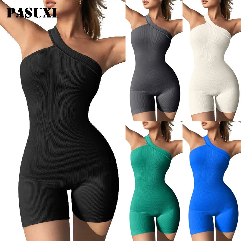 PASUXI Women Yoga Bodysuit Casual Clothes Gym Workout Yoga Ribbed One Piece Short Jumpsuit for Women