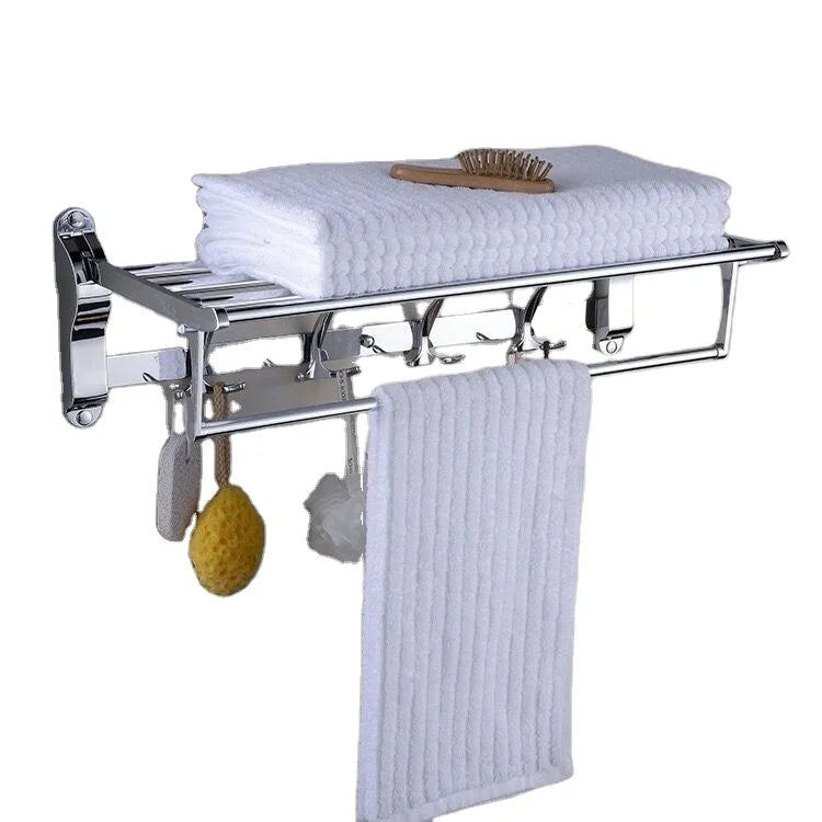 Foldable Wall-Mounted Chrome Stainless Steel Towel Rack with Clothes Hook Modern Design Eco-friendly 60cm Length for Bathroom