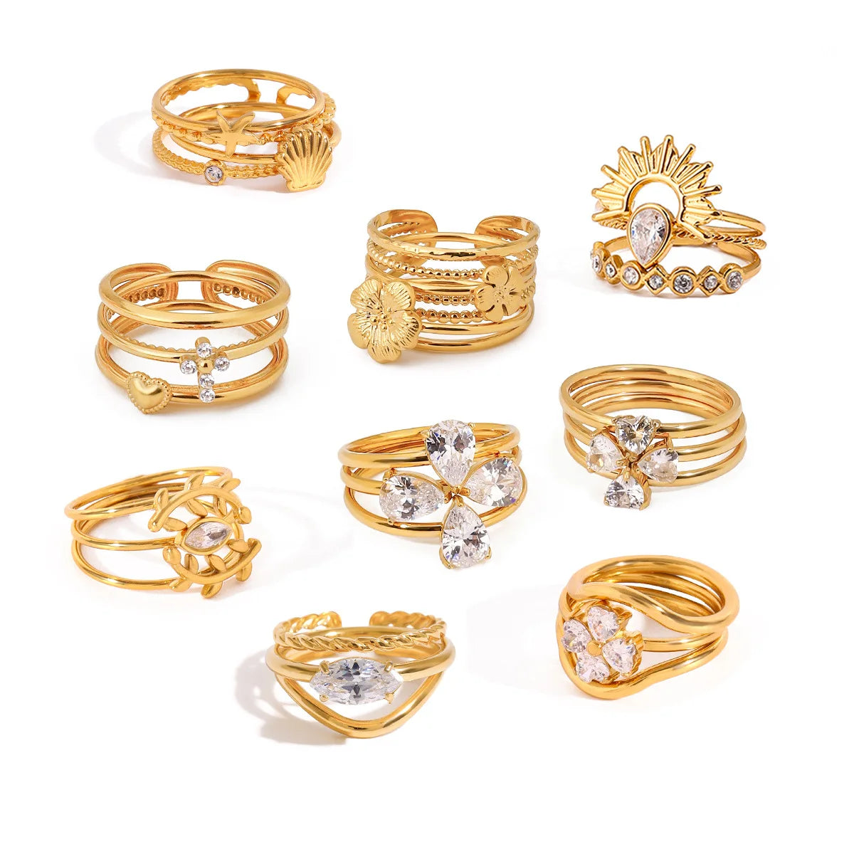 New Arrival Niche Design Stainless Steel 18k Gold Plated Geometric Zircon Inlay Flower Rings for Women Waterproof Jewelry