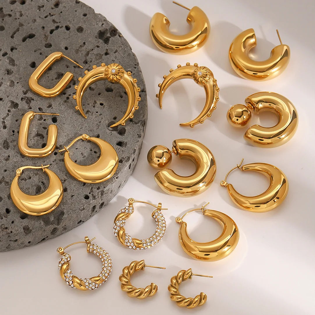 European American Stylish Stainless Steel Ear Jewelry Diamond Non-Tarnish Double C Gold Plated Hoop Earrings Fashionable Diamond