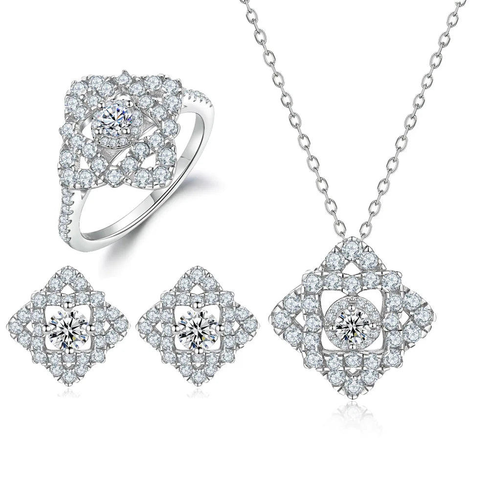 New Arrive Iced Out Jewelry Women Flower Shaped Rhodium Plated Accessory Ring Necklaces Earrings Bridal Jewelry Sets 925 Silver