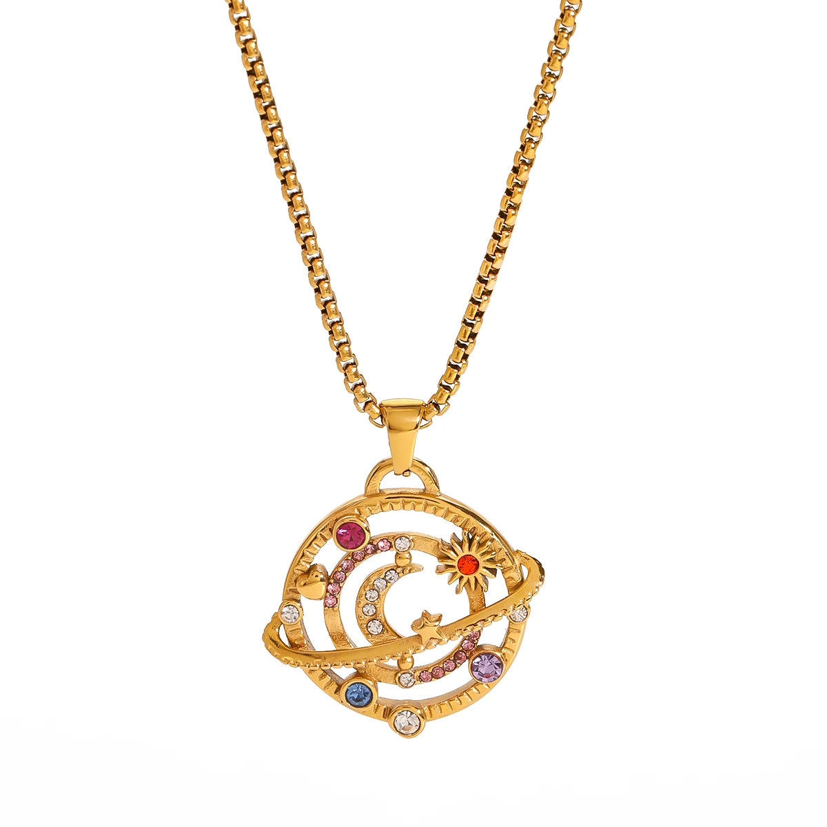 J&D 18k Gold Stainless Steel Colorful Crystal Hollow Star and Moon Pendant Necklace Box Chain 45.5+5cm