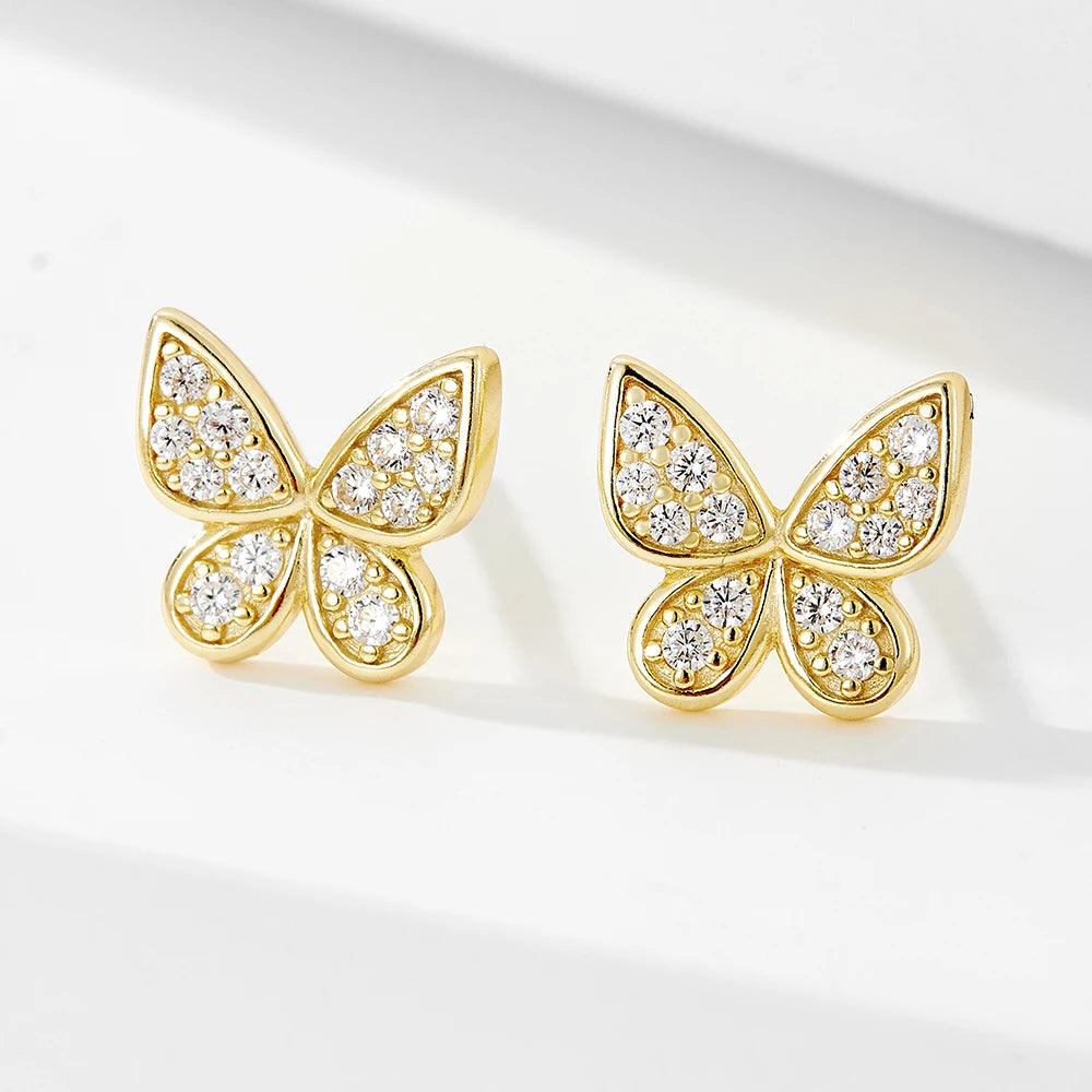 Korean Minimalist 925 Sterling Silver Aretes Butterfly Earrings 14k Gold Plated Stud Style for Women and Girls for Wedding