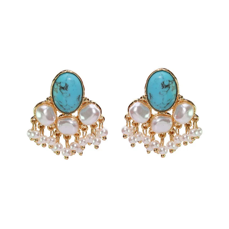Vintage Bohemian Luxury Exaggerated Stone Turquoise Pendant Earrings Women's Jewelry Gold Plated Big Pearl Beads Tassel Earring