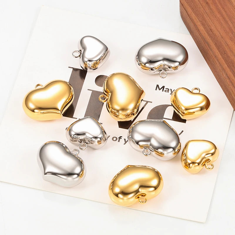 Shiny Puffy  Heart Pendant 18K Gold PVD Plated 2 Styles Love Charms Stainless Steel Heart Jewelry Components