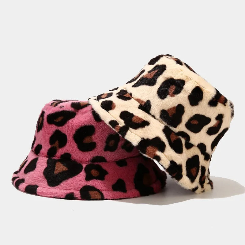 Fashion Trendy Hot Sale Wholesale Printed Leopard Bucket Cap Plush Furry Winter Hat for Women Lady Outdoor Fashion Warm Dress