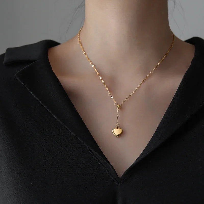 18K Gold Plated Stainless Steel Trendy Link Chain Heart Pendant Necklace for Women Party Occasion