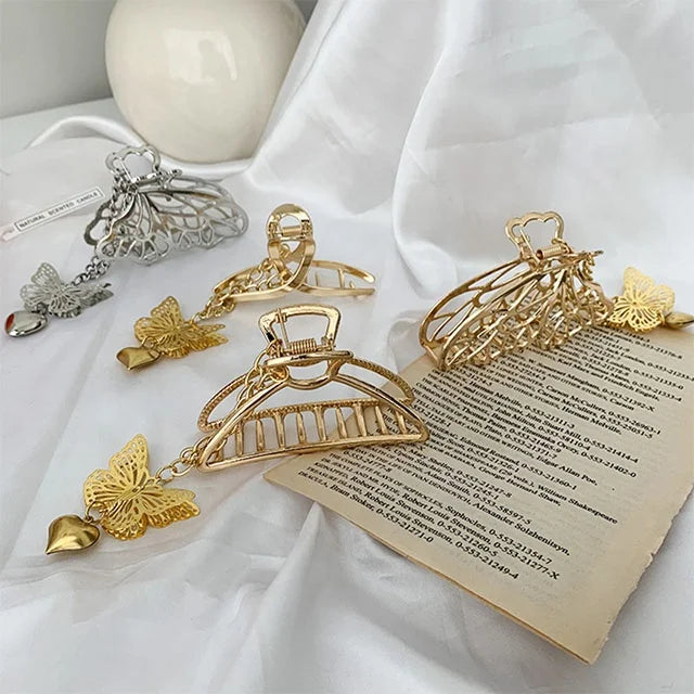 Fashion Zinc Alloy Butterfly Hair Clip Claw with Chains Gold & Silver 6 Colors Large Size for Girls-Prom & Valentine's Day