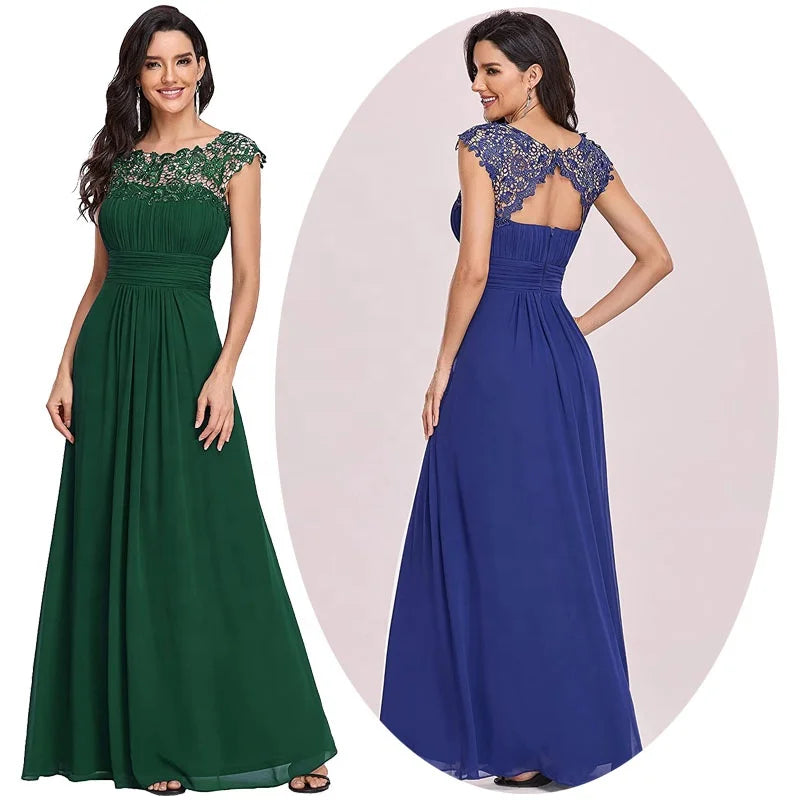 Womens Long Bridesmaid Dresses Lace Neckline Ruched Bust Evening Gowns Burgundy Reception Clothes Wedding Maxi Dress