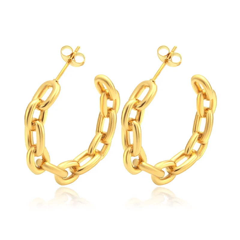 Vintage 18k Gold Anti-tarnish Stainless Steel Hollow Link Chain C Hoop Earrings for Women Geometric Jewelry