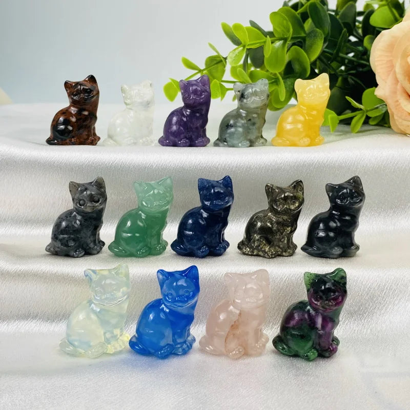 Natural Crystal Exquisite Cats Carvings Red Obsidian Lepidolite Pyrite Hand Carved Cats for Gifts and Decoration