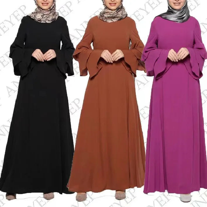Women's Casual Loose Abaya Caftan Solid Neck Ruffle Sleeves Long Dress Kaftan Arab Middle Eastern Islamic Traditional Muslim