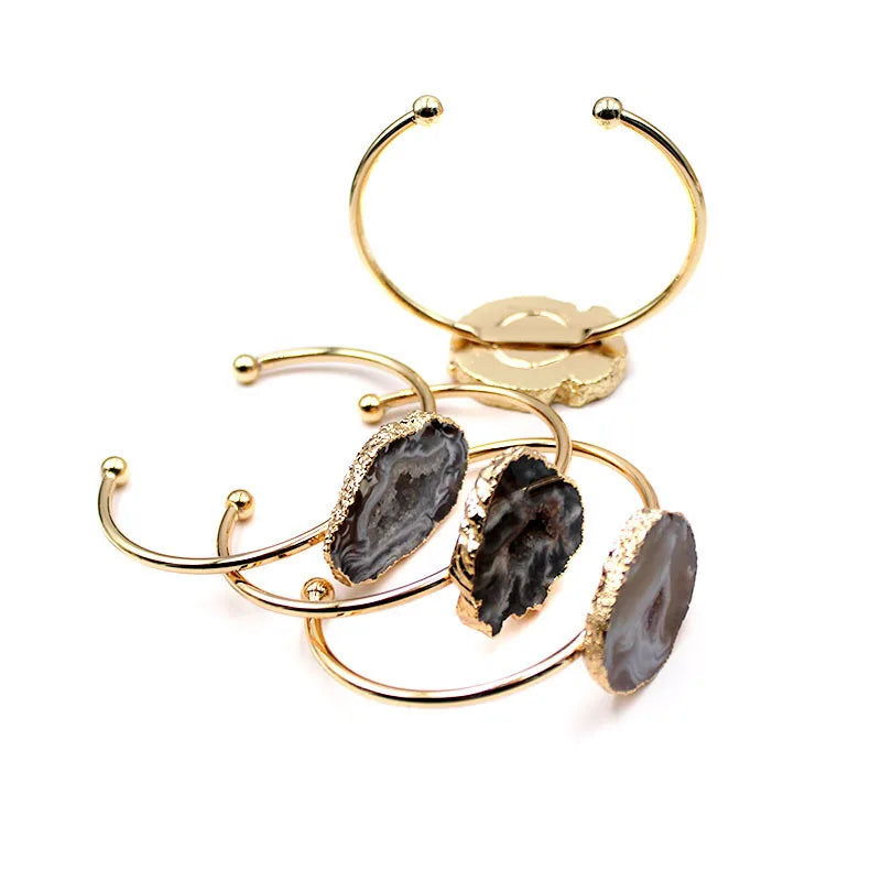 Brass Alloy Big Chunky Irregular Natural Raw Crystal Agate Stone Bead Charm Cuff Bangle for Women Jewelry Bracelets Bulk
