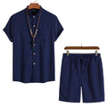 2024 Summer New Men's Chinese Style Cotton and Hemp Solid Short Sleeved Retro Shirt Solid Color Beach Pants Set