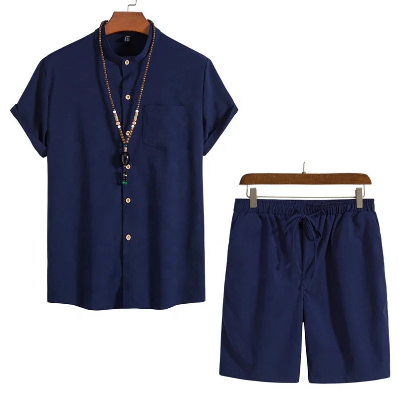 2024 Summer New Men's Chinese Style Cotton and Hemp Solid Short Sleeved Retro Shirt Solid Color Beach Pants Set