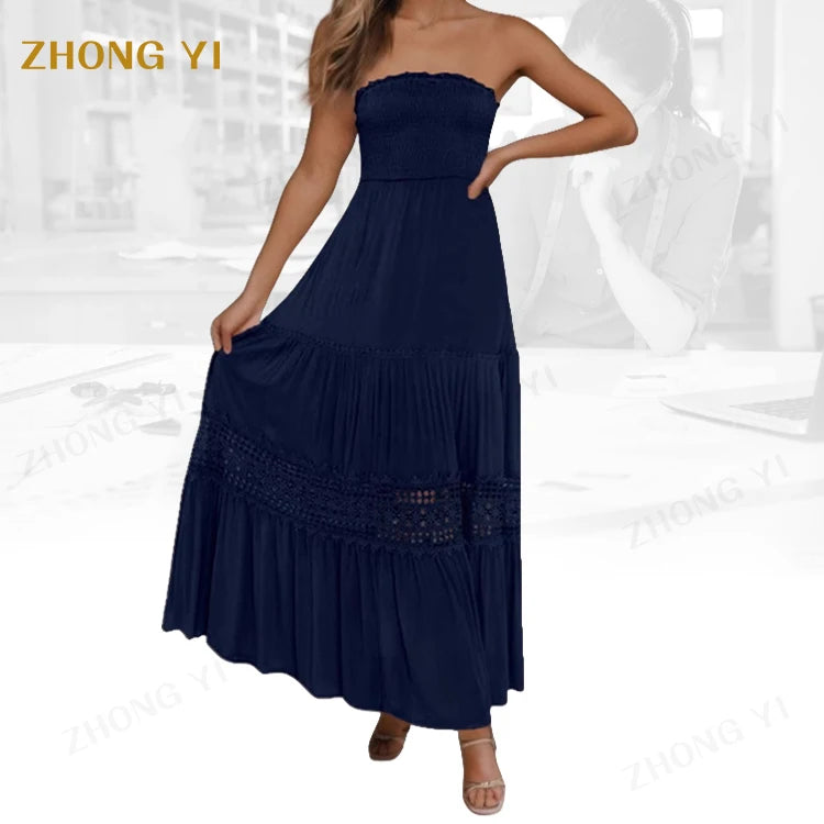 Manufacturers Cotton Casual Fashion Women's Sleeveless Strapless Waist Hollowed Out Design Layer Woman Casual Midi Dress