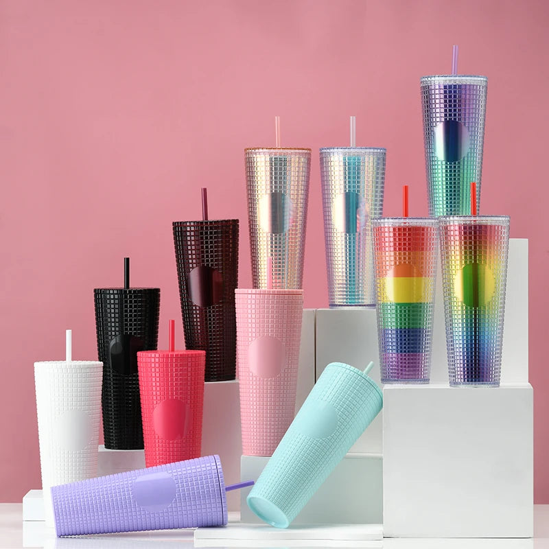 New 710ml Double-Layer Plastic Straw Tumbler Creative Fashion Water Cup with Lid Multi-Color Custom Logo  Corn Cup for Students