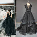 8316#Gothic Black Scoop Backless Sleeveless Lace Applique A-Line Boho Tiered Sweep Train Wedding Dress Wedding Bridal Gown