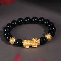 Real 24K Yellow Gold Bracelet Woman 3D Luck Bless Pixiu Charm with Red Agate Beads Bracelet Adjustable