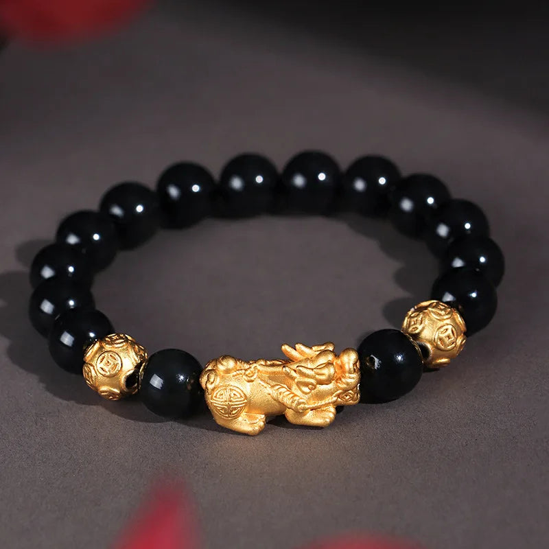 Real 24K Yellow Gold Bracelet Woman 3D Luck Bless Pixiu Charm with Red Agate Beads Bracelet Adjustable