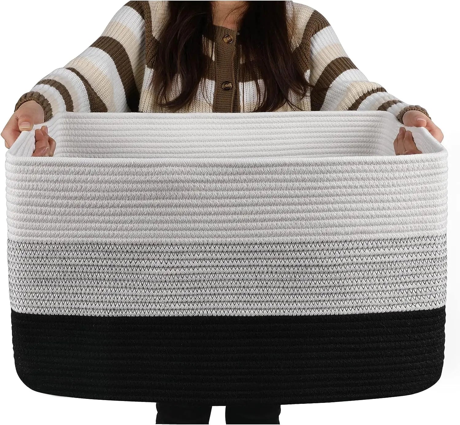 70L Large Eco-friendly Foldable Cotton Rope Woven Storage Basket with Handle in White Grey Black Brown
