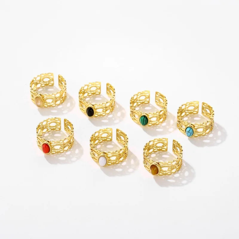 BINSHUO Boho Tarnish Free Stainless Steel Finger Rings  Jewelry Open Adjustable Gold Plated Titanium Steel Natural Stone Ring