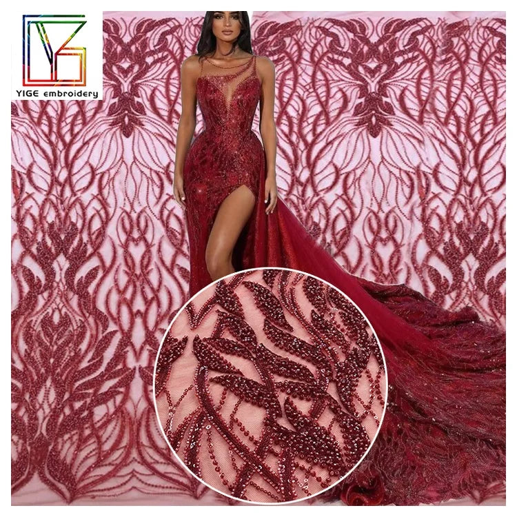 Luxury Gules French Tulle Super Sparkle African Heavy Beaded Sequins Embroidery Lace Fabric Women Evening Dresses Fabric