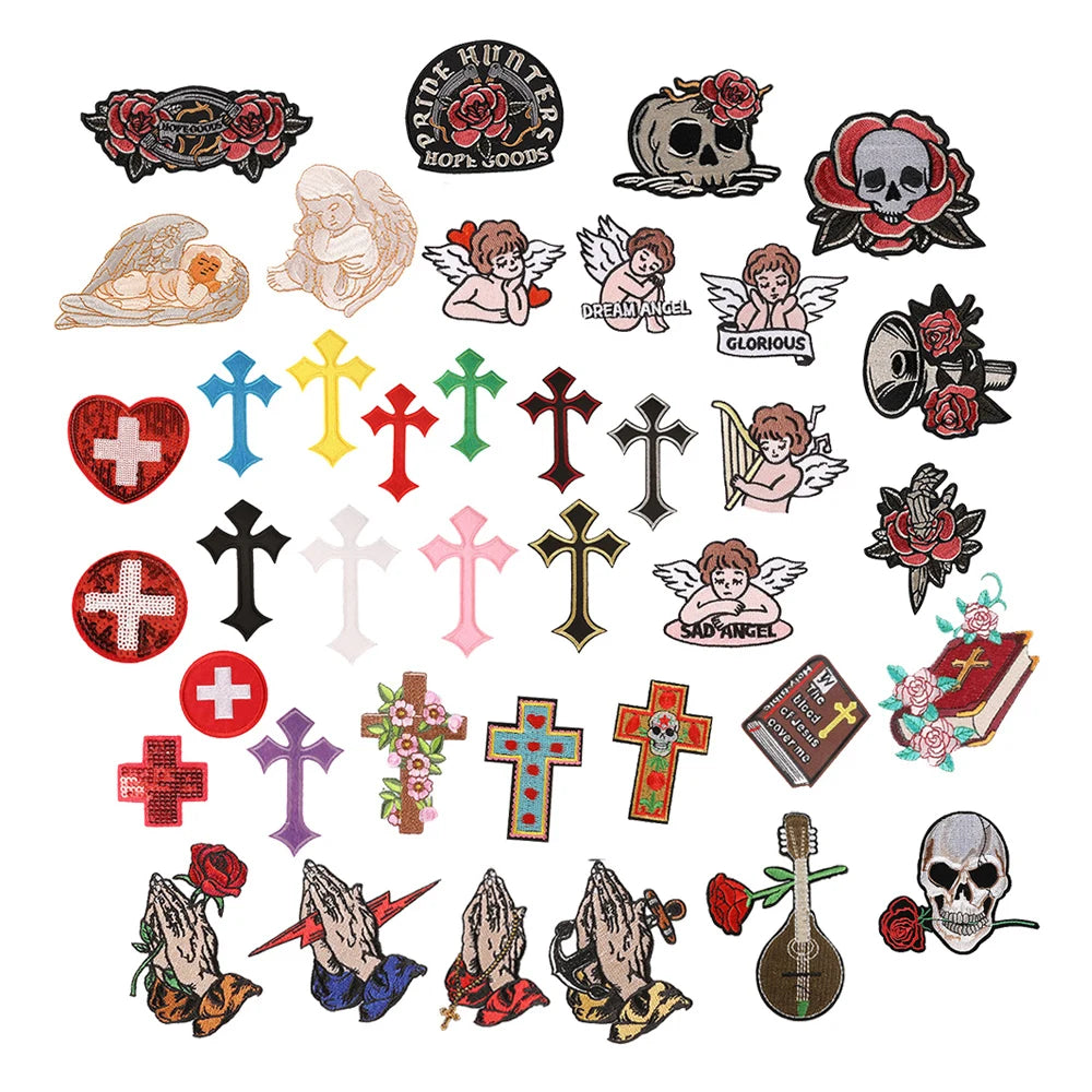 Wholesale Price Hot Sale American Style Sequin Embroidery Bible Book Angel Pray Crucifix Cross Rose Skull Iron on Patch